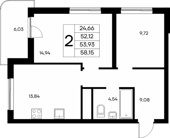 Планировка 2-комн 58,15 - 58,77 м²
