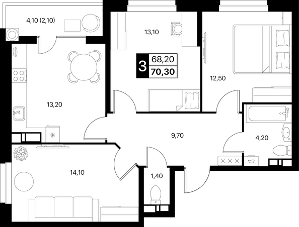 Планировка 3-комн 70,3, 70,7 м²