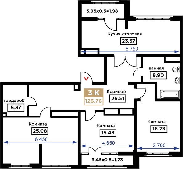 Планировка 3-комн 126,76 м²