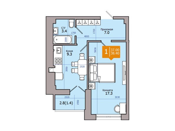 Планировка 1-комн 38,3, 38,4 м²
