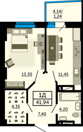 Планировка 1-комн 41,64, 41,77 м²