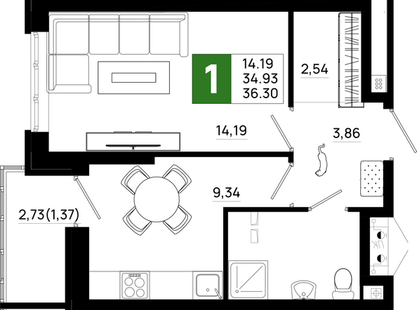 Планировка 1-комн 36,3 м²
