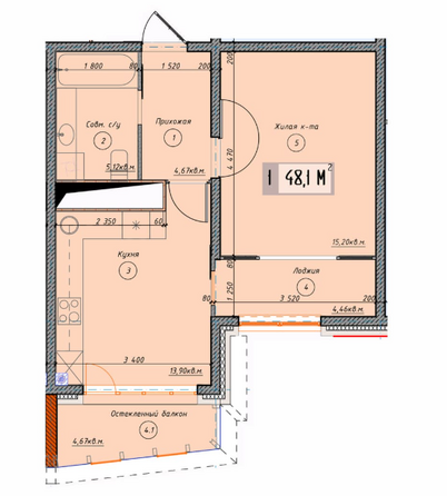 Планировка 1-комн 48,1 м²