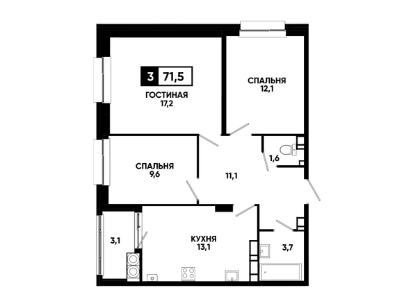 Планировка 3-комн 71,5 - 71,8 м²
