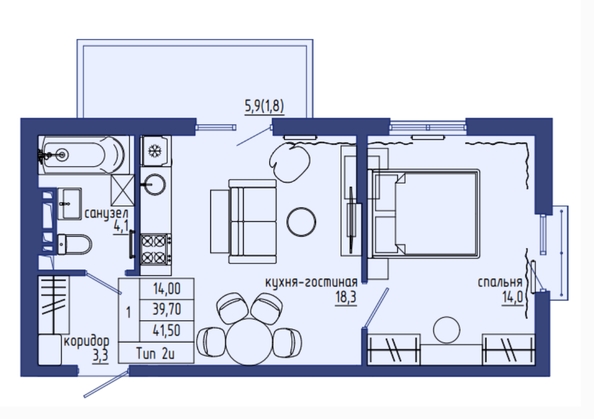 Планировка 2-комн 41,5 м²
