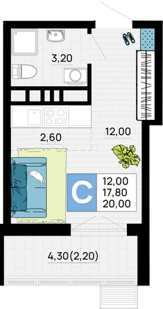 Планировка Студия 20 м²