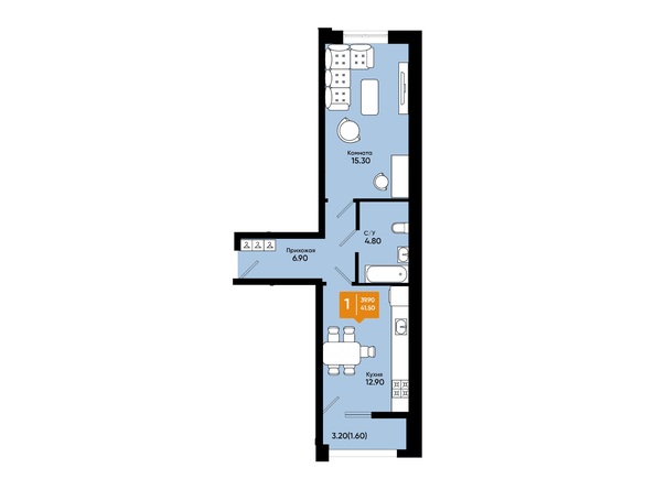 Планировка 1-комн 41,5 м²