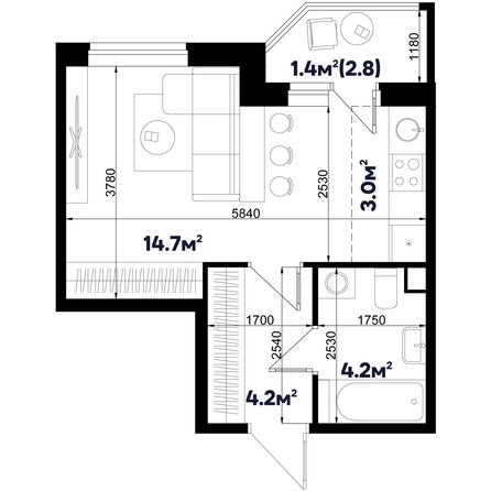 Планировка 1-комн 27,5 м²