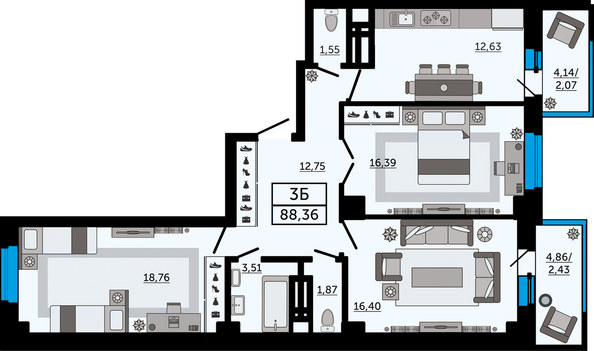 Планировка 3-комн 88,36 м²