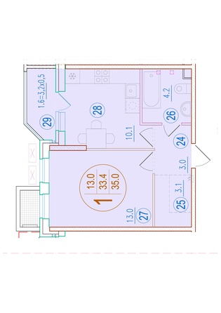 Планировка 1-комн 35 м²