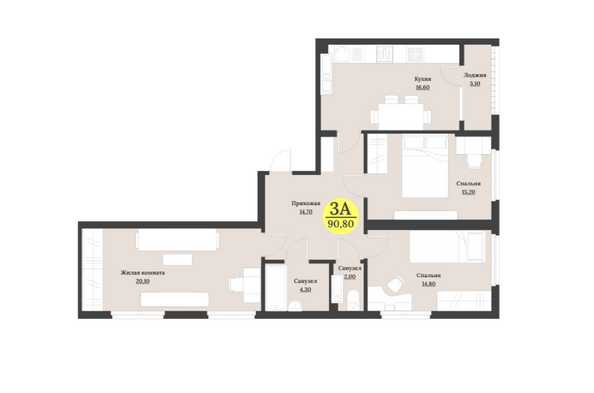 Планировка 3-комн 90,8 м²