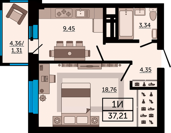 Планировка 1-комн 37,21 м²