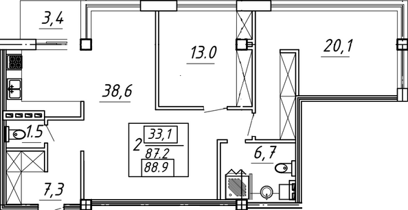 Планировка 2-комн 88,9 м²