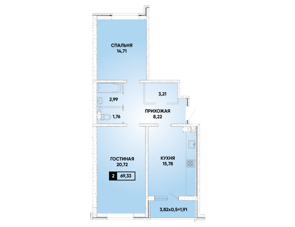 Планировка 2-комн 69,33 м²