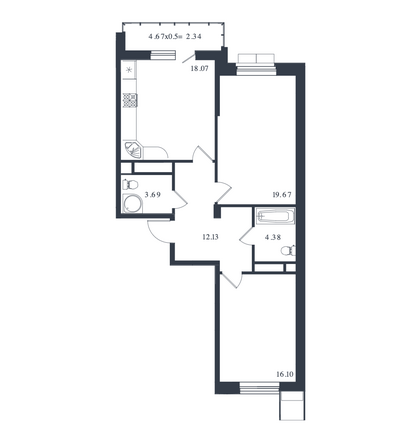 Планировка 2-комн 76,38, 76,68 м²