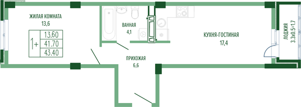 Планировка 1-комн 43,4, 43,8 м²