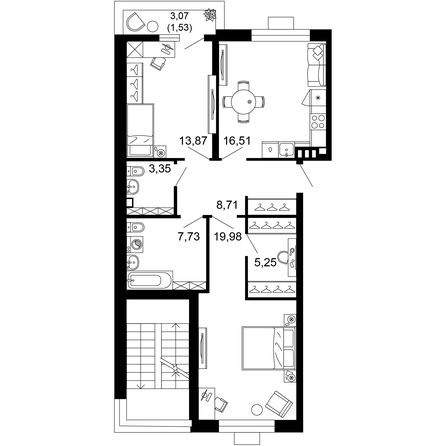 Планировка 2-комн 77,07 м²