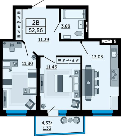 Планировка 2-комн 52,49, 52,58 м²