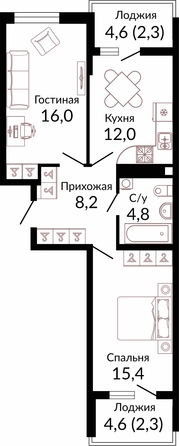 Планировка 2-комн 61 м²