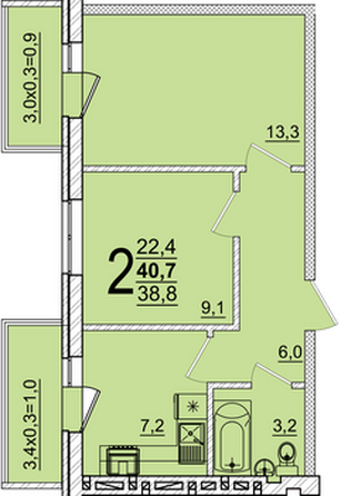Планировка 2-комн 40,7 м²