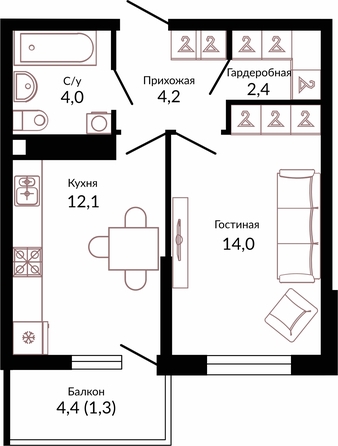 Планировка 1-комн 38 м²