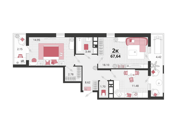 Планировка 2-комн 67,64 м²