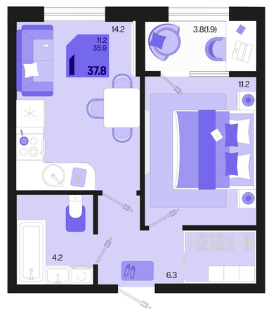 Планировка 1-комн 37,8 м²