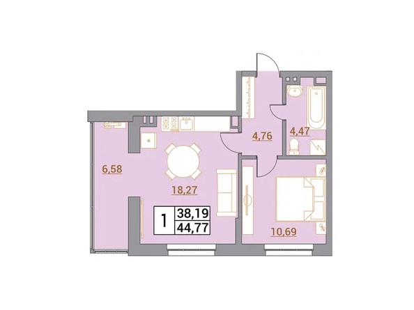 Планировка 1-комн 44,44, 44,77 м²