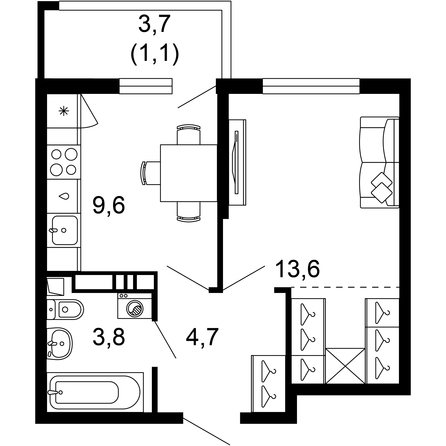 Планировка 1-комн 32,8 м²