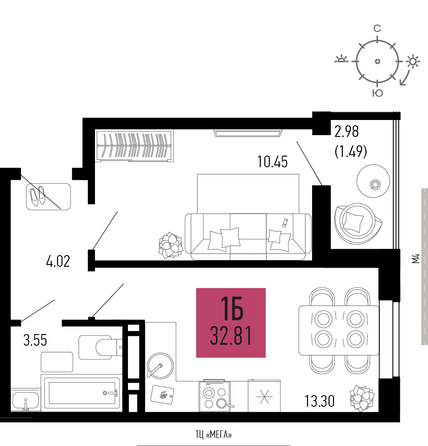 Планировка 1-комн 32,81, 32,88 м²