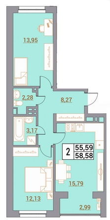 Планировка 2-комн 58,58 м²