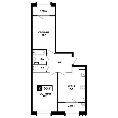 Планировка 2-комн 63,7, 64,1 м²