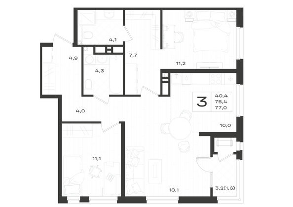 Планировка 3-комн 77 м²
