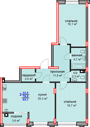 Планировка 2-комн 83,1 м²