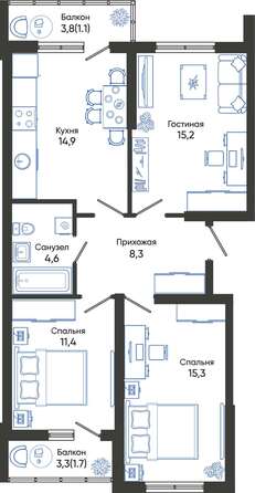 Планировка 3-комн 72,5 м²