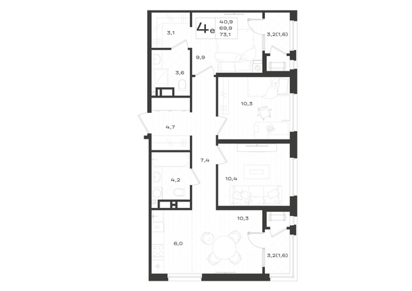 Планировка 4-комн 73,1 м²