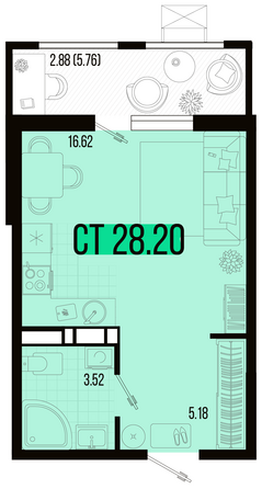 Планировка 1-комн 28,2, 28,59 м²