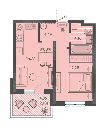 Планировка 1-комн 37,88 м²