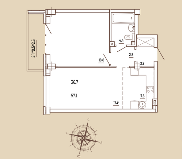 Планировка 2-комн 57,1 м²