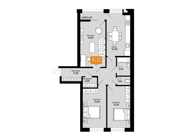 Планировка 3-комн 76,4 м²