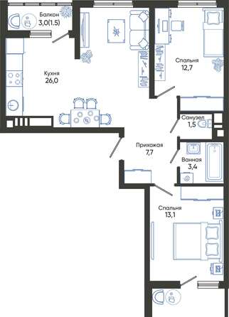 Планировка 2-комн 67,6 м²