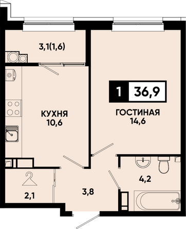 Планировка 1-комн 36,9 м²