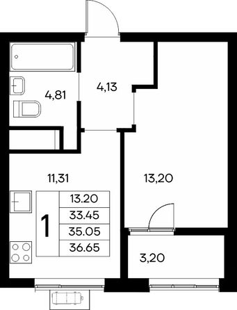 Планировка 1-комн 36,65, 36,75 м²