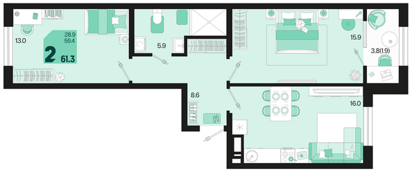 Планировка 2-комн 61,3 м²