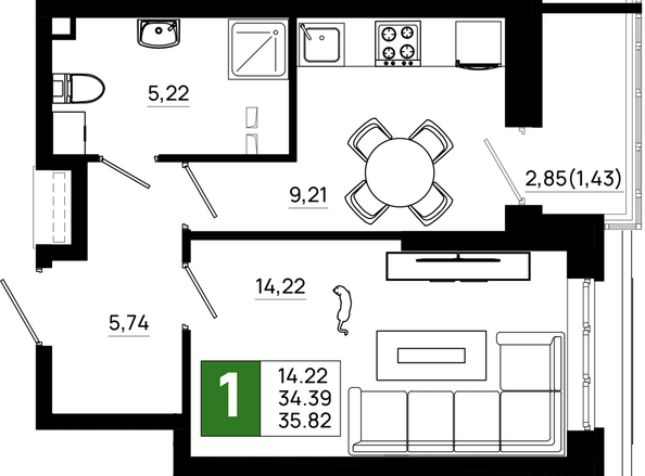 Планировка 1-комн 35,82 м²