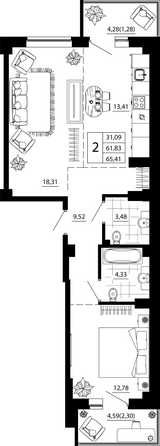 Планировка 2-комн 65,41 м²
