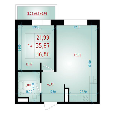Планировка 1-комн 36,86 м²