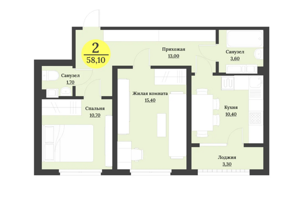 Планировка 2-комн 58,1 м²