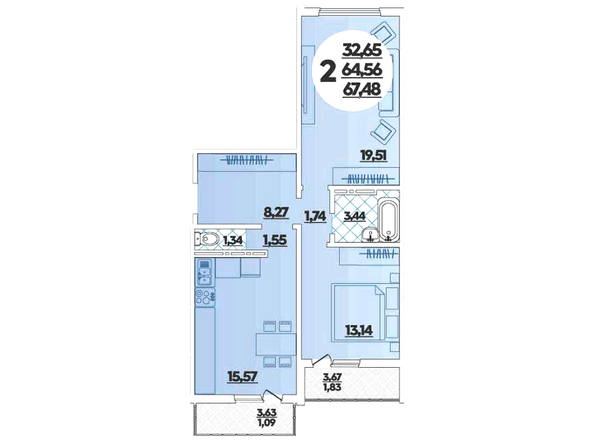 Планировка 2-комн 67,48 м²