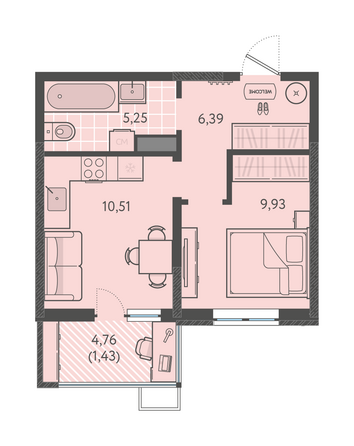 Планировка 1-комн 33,51 м²